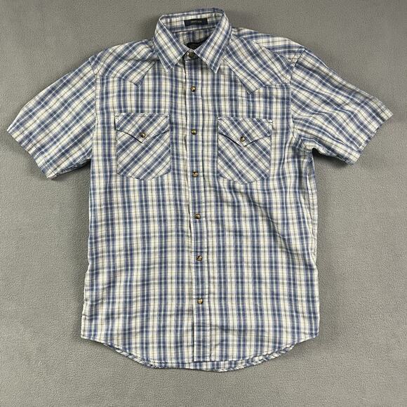 Pendleton Frontier Shirt Mens Small Blue Plaid Pearl Snap Up Western Outdoor - Picture 1 of 9